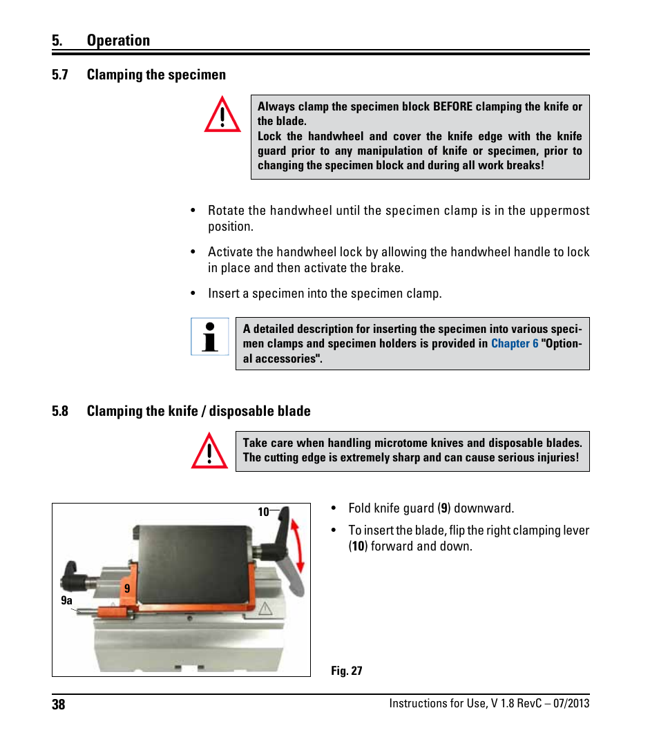 7 clamping the specimen, 8 clamping the knife / disposable blade, Clamping the specimen | Clamping the knife / disposable blade, Operation | Leica Biosystems RM2255 User Manual | Page 40 / 82