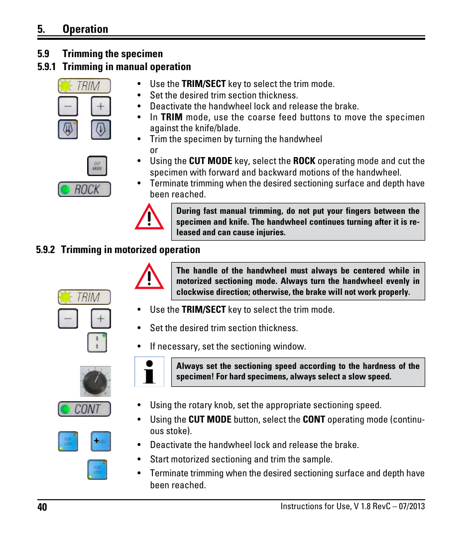 9 trimming the specimen, 1 trimming in manual operation, 2 trimming in motorized operation | Trimming the specimen, Operation | Leica Biosystems RM2255 User Manual | Page 42 / 82