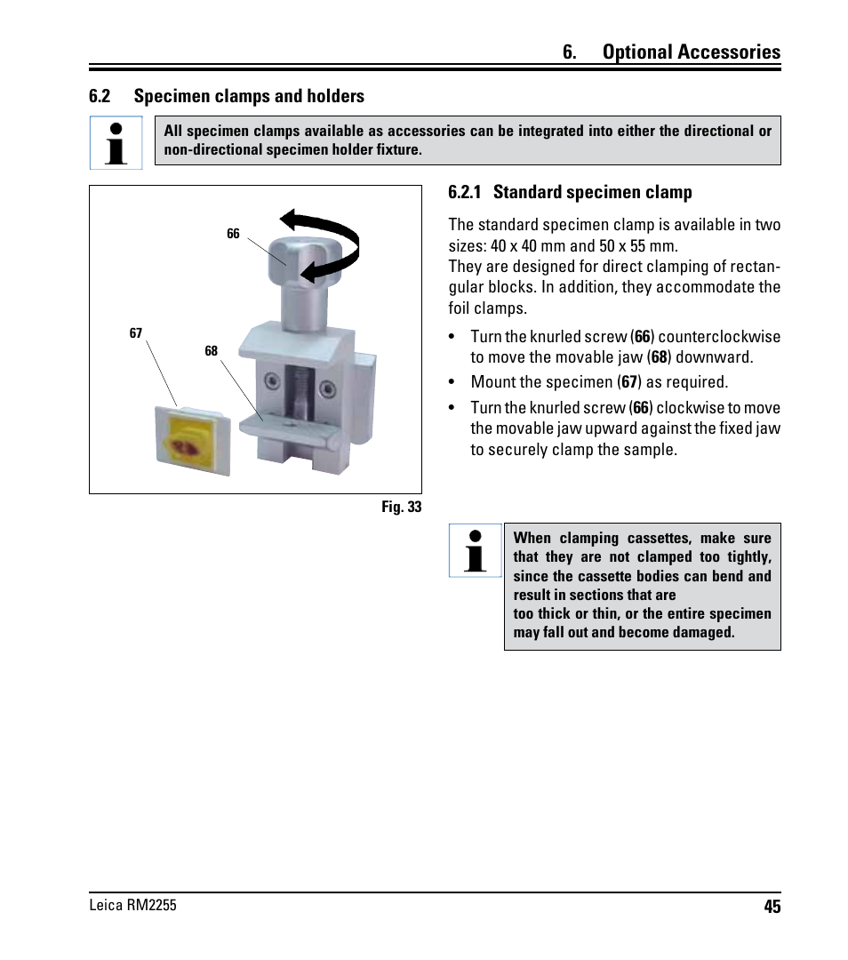 2 specimen clamps and holders, 1 standard specimen clamp, Specimen clamps and holders | Optional accessories | Leica Biosystems RM2255 User Manual | Page 47 / 82
