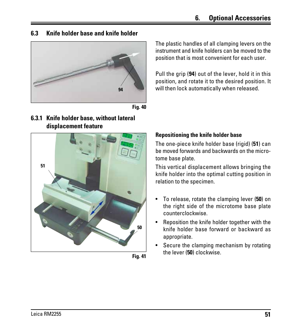 3 knife holder base and knife holder, Knife holder base and knife holder, Optional accessories | Leica Biosystems RM2255 User Manual | Page 53 / 82