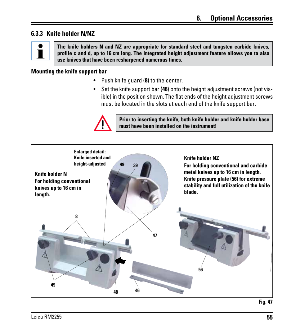 3 knife holder n/nz, Optional accessories | Leica Biosystems RM2255 User Manual | Page 57 / 82