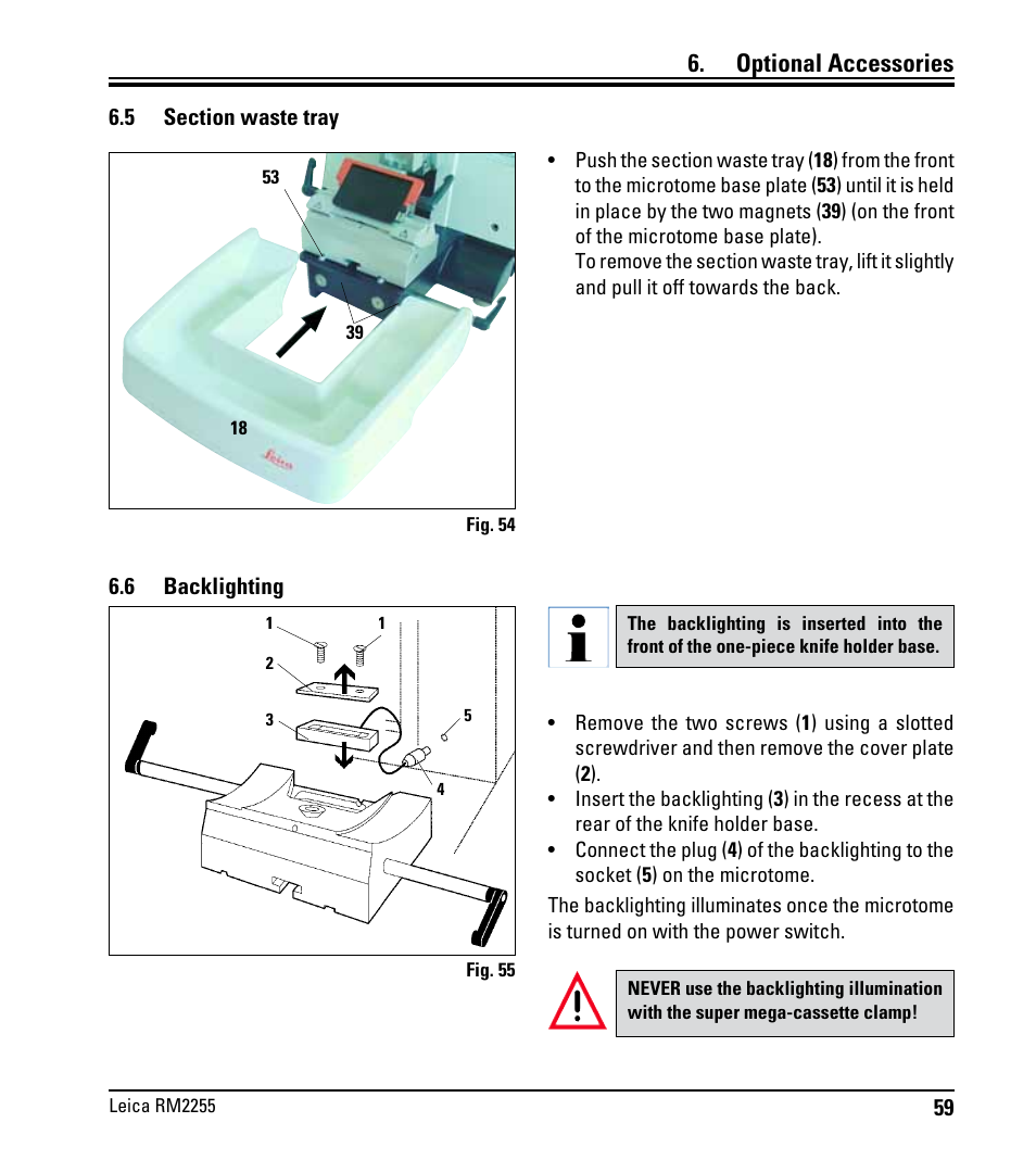 5 section waste tray, 6 backlighting, Section waste tray | Optional accessories | Leica Biosystems RM2255 User Manual | Page 61 / 82