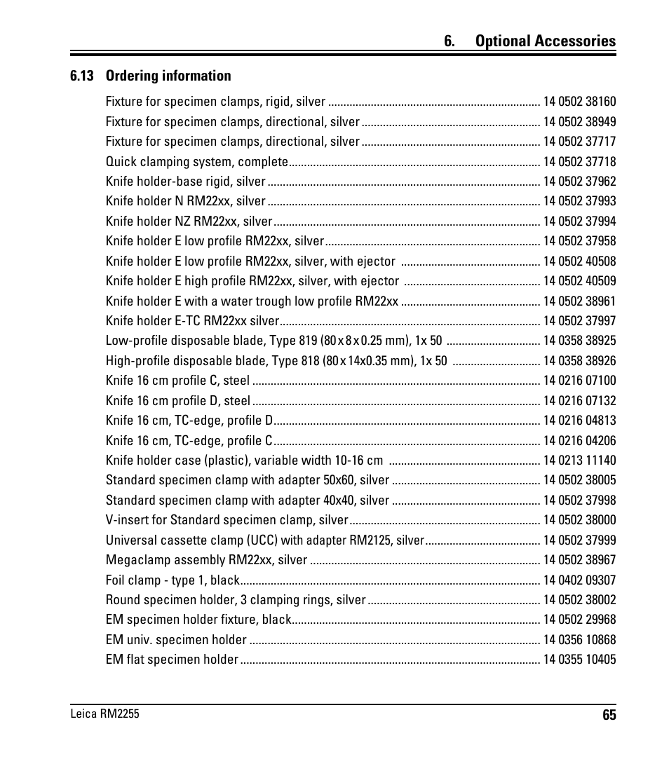 13 ordering information, Optional accessories | Leica Biosystems RM2255 User Manual | Page 67 / 82
