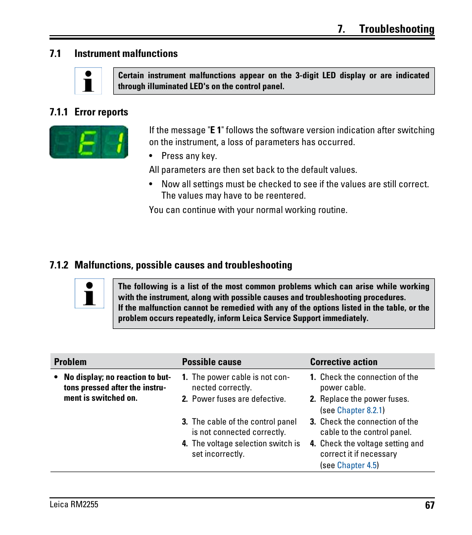 Troubleshooting, 1 instrument malfunctions, 1 error reports | Instrument malfunctions | Leica Biosystems RM2255 User Manual | Page 69 / 82