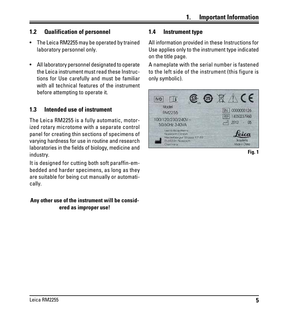 2 qualification of personnel, 3 intended use of instrument, 4 instrument type | Qualification of personnel, Intended use of instrument, Instrument type, Important information | Leica Biosystems RM2255 User Manual | Page 7 / 82