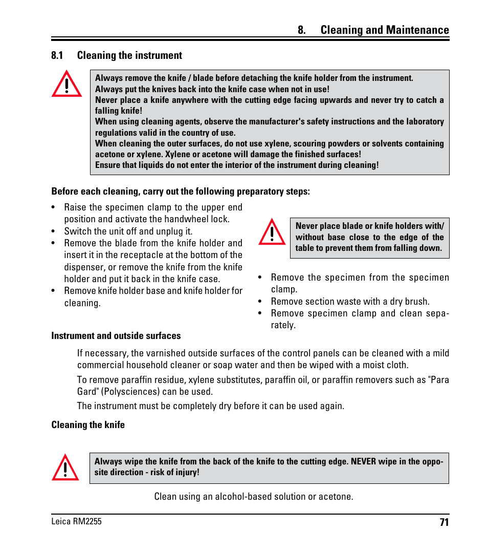 Cleaning and maintenance, 1 cleaning the instrument, Cleaning the instrument | Leica Biosystems RM2255 User Manual | Page 73 / 82