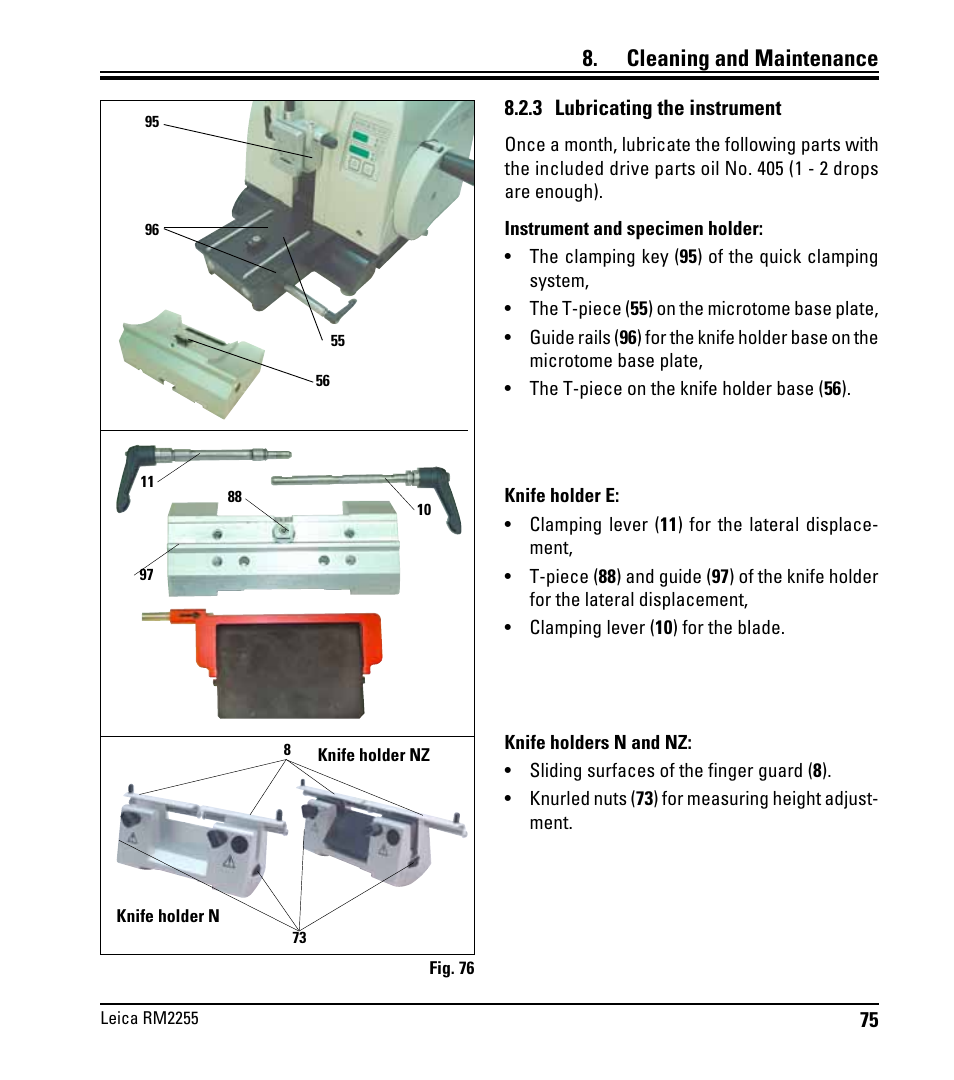3 lubricating the instrument, Cleaning and maintenance | Leica Biosystems RM2255 User Manual | Page 77 / 82