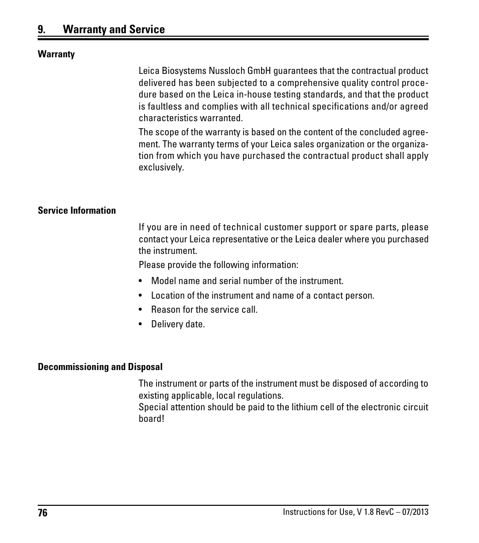 Warranty and service | Leica Biosystems RM2255 User Manual | Page 78 / 82
