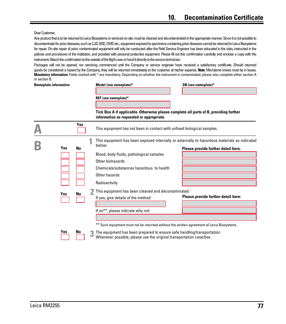 Decontamination certificate | Leica Biosystems RM2255 User Manual | Page 79 / 82