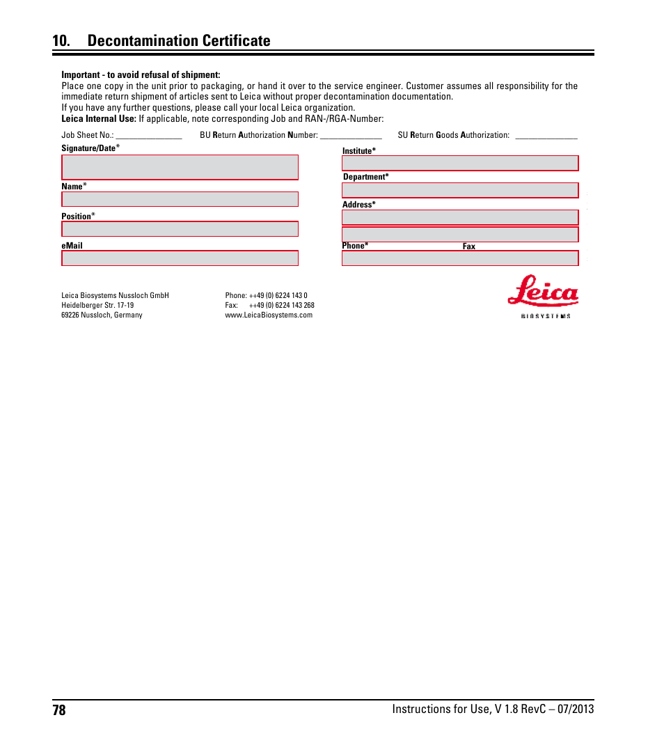 Decontamination certificate | Leica Biosystems RM2255 User Manual | Page 80 / 82