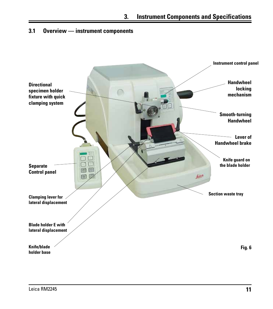 Instrument components and specifications, 1 overview — instrument components, Overview — instrument components | Leica Biosystems RM2245 User Manual | Page 13 / 78