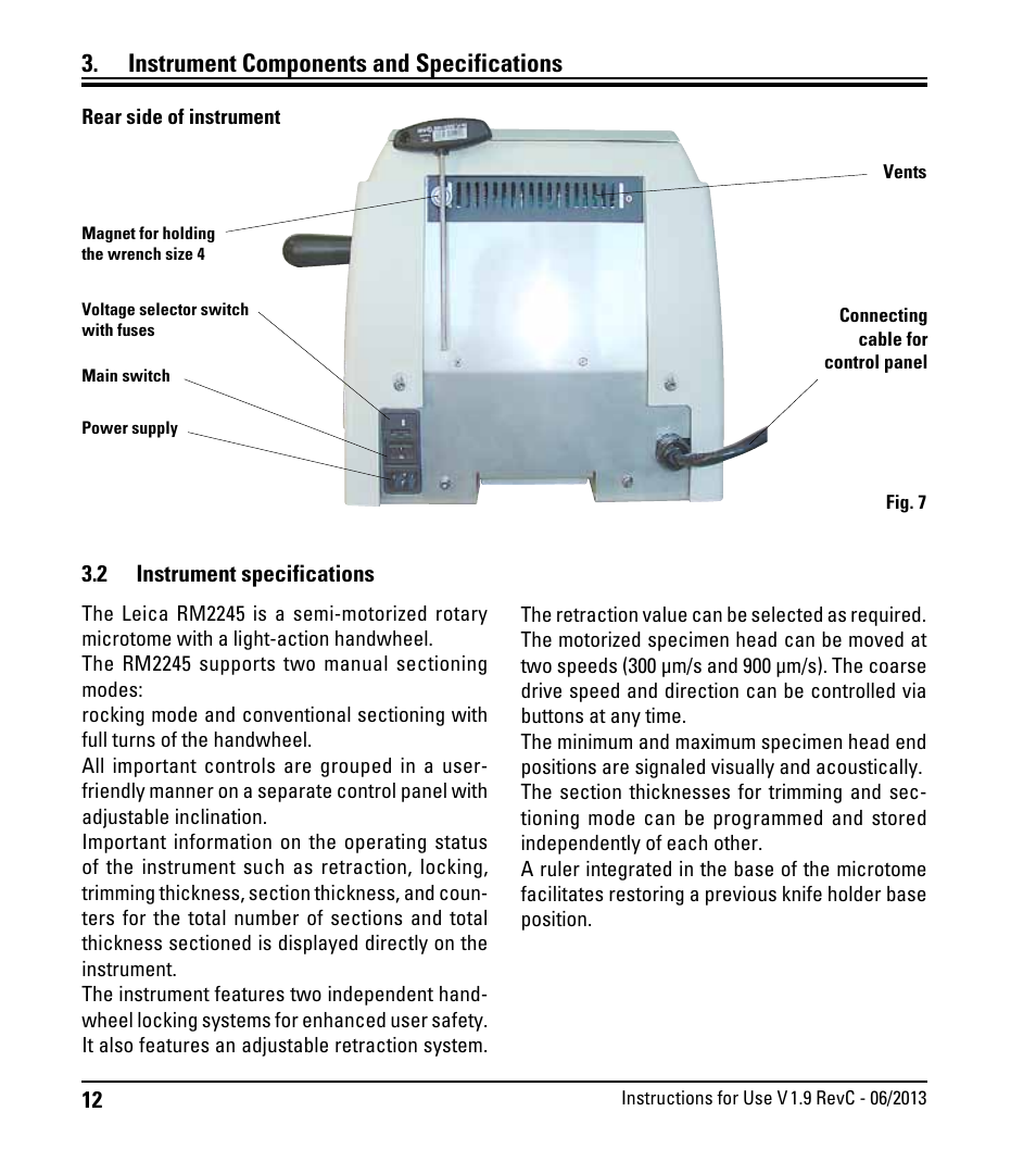 2 instrument specifications, Instrument specifications, Instrument components and specifications | Leica Biosystems RM2245 User Manual | Page 14 / 78