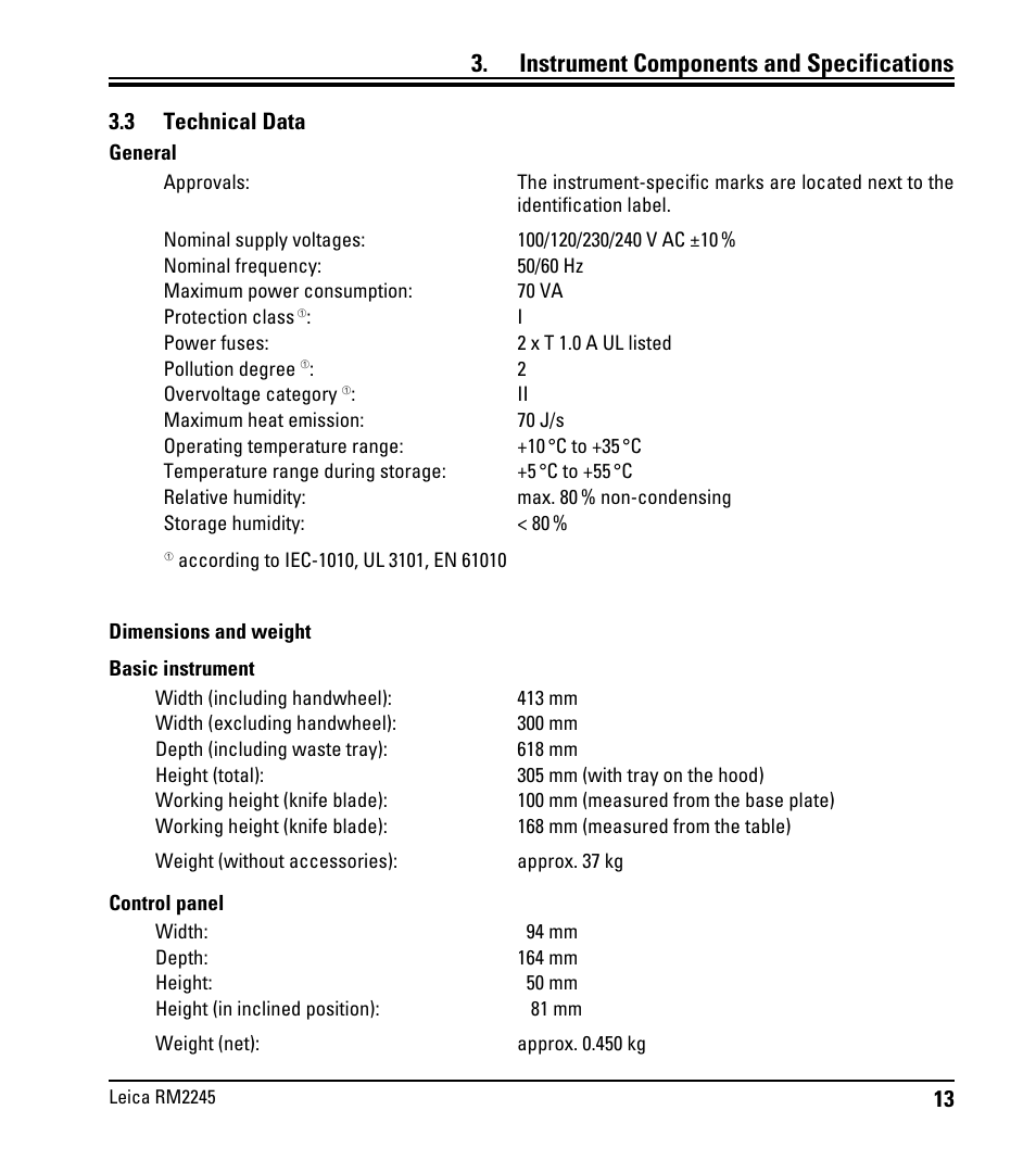 3 technical data, Technical data, Instrument components and specifications | Leica Biosystems RM2245 User Manual | Page 15 / 78