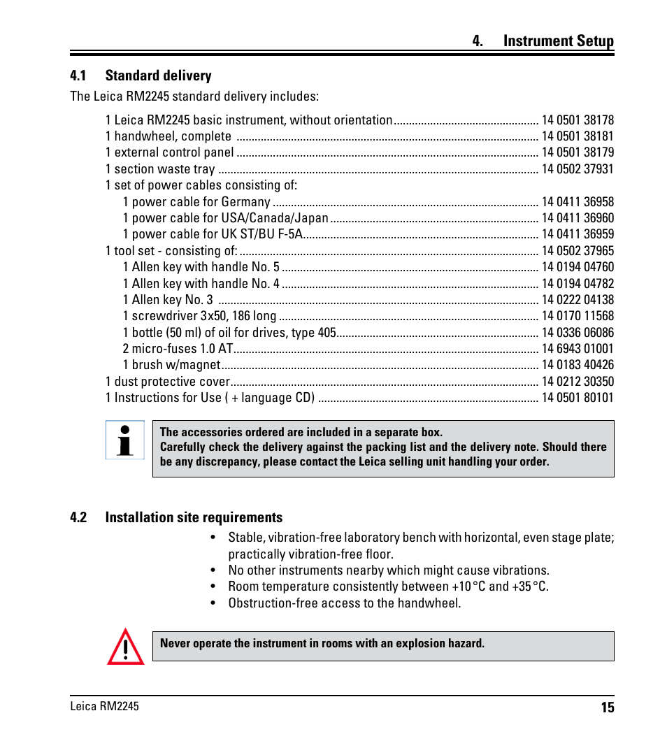 Instrument setup, 1 standard delivery, 2 installation site requirements | Standard delivery, Installation site requirements | Leica Biosystems RM2245 User Manual | Page 17 / 78