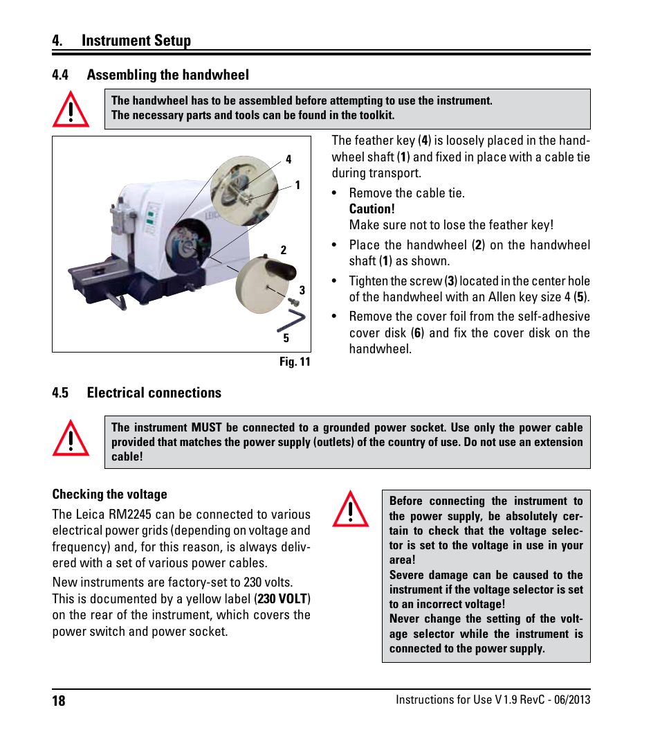 4 assembling the handwheel, 5 electrical connections, Assembling the handwheel | Electrical connections, Instrument setup | Leica Biosystems RM2245 User Manual | Page 20 / 78