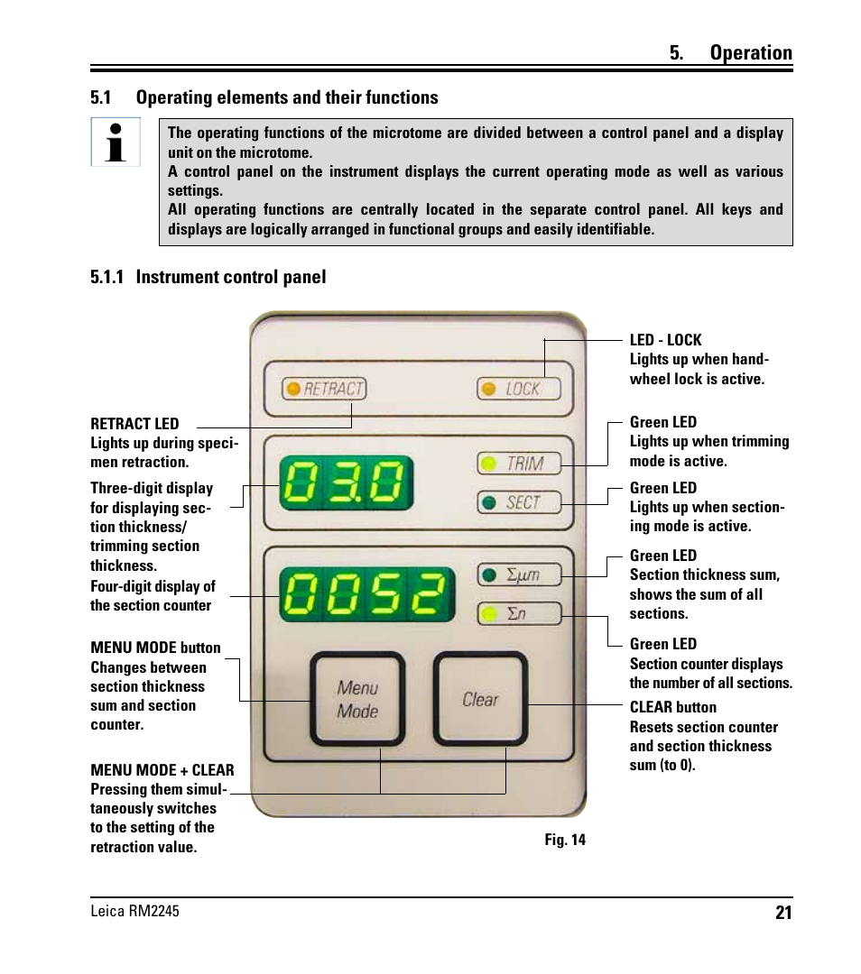 Operation, 1 operating elements and their functions, 1 instrument control panel | Operating elements and their functions | Leica Biosystems RM2245 User Manual | Page 23 / 78