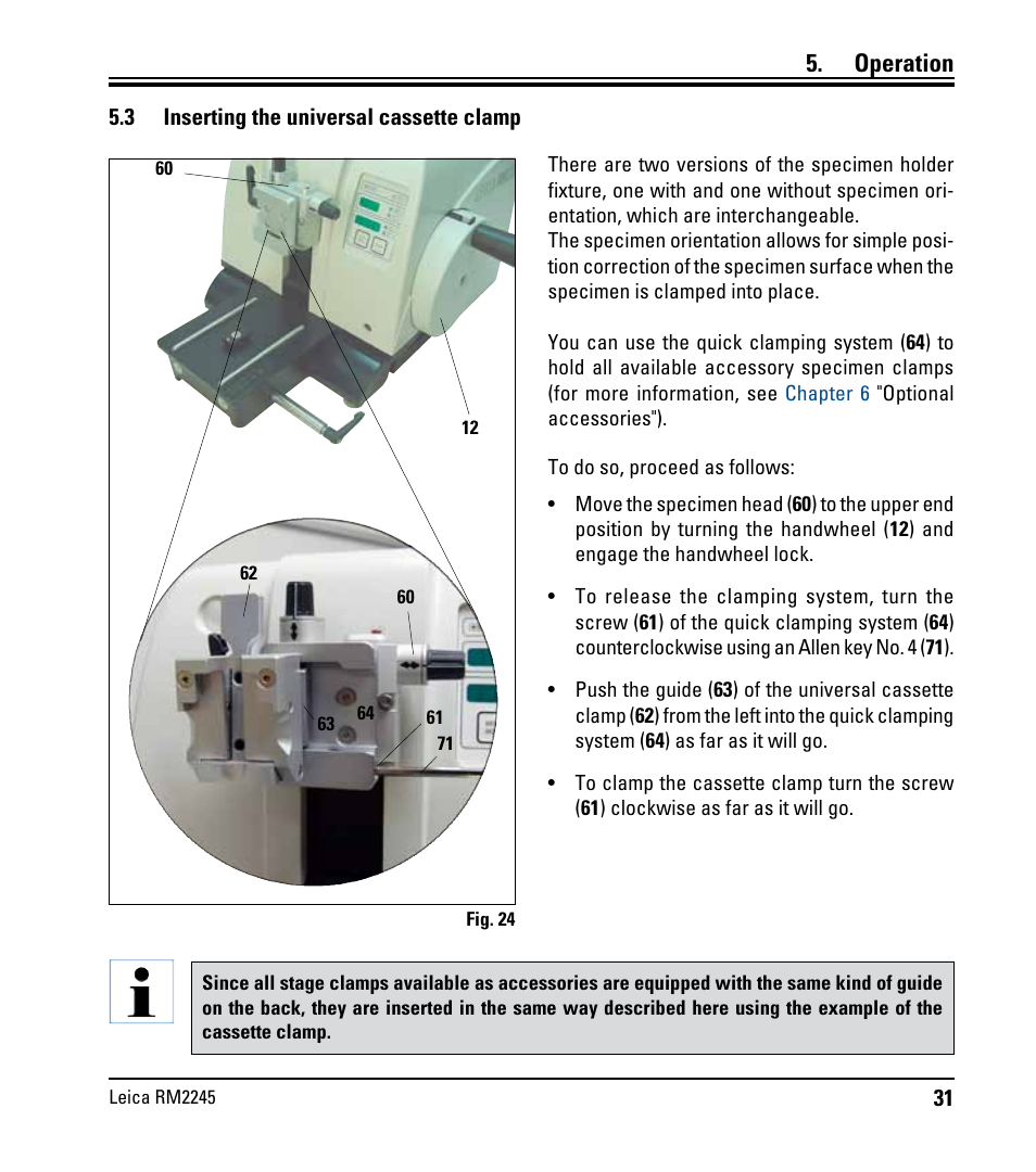 3 inserting the universal cassette clamp, Inserting the universal cassette clamp, Operation | Leica Biosystems RM2245 User Manual | Page 33 / 78