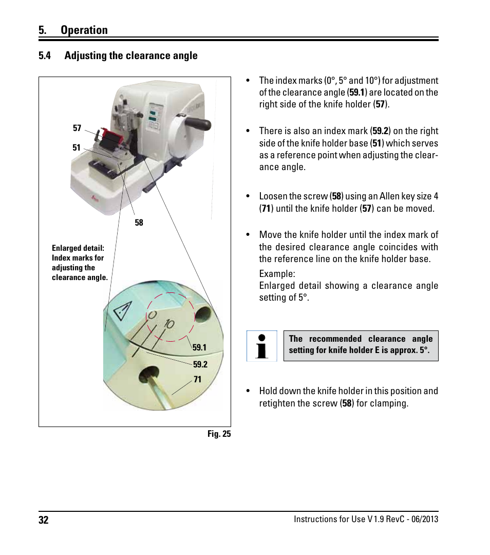 4 adjusting the clearance angle, Adjusting the clearance angle, Operation | Leica Biosystems RM2245 User Manual | Page 34 / 78