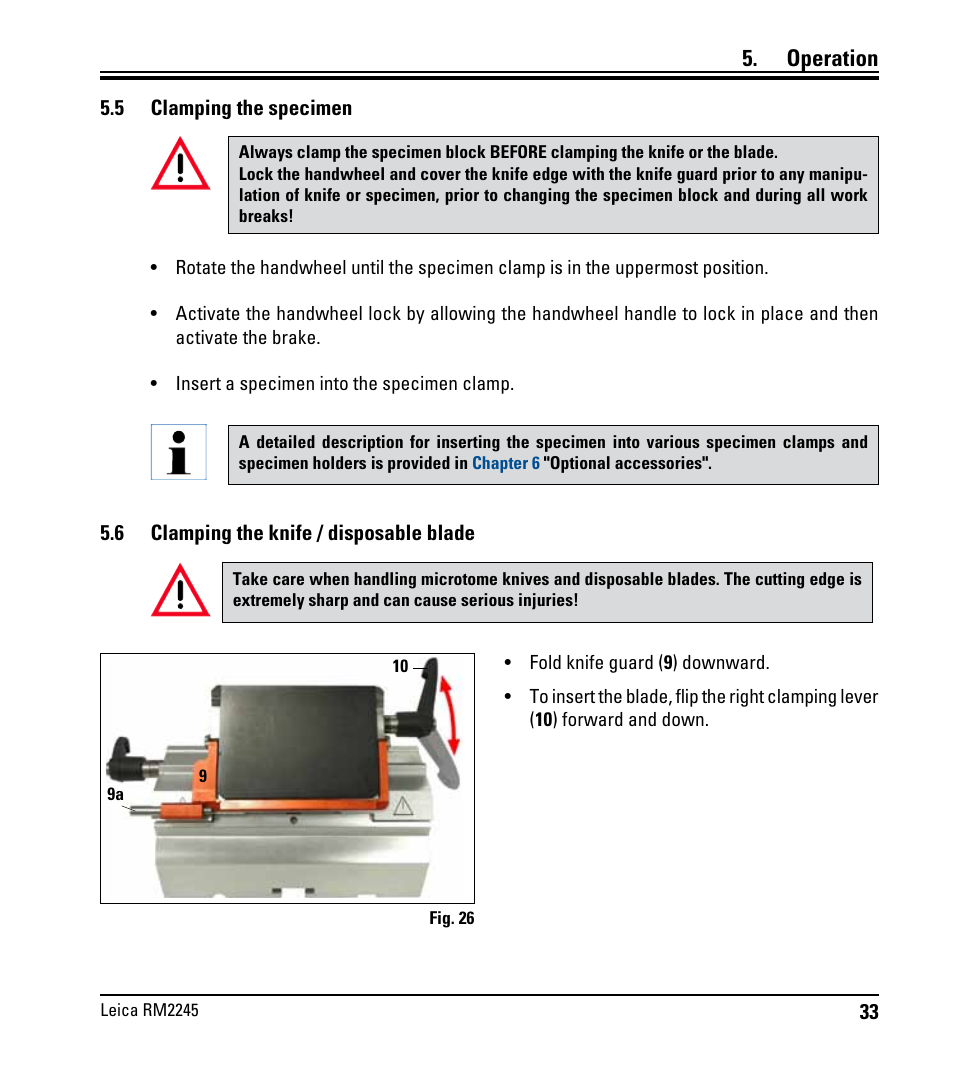 5 clamping the specimen, 6 clamping the knife / disposable blade, Clamping the specimen | Clamping the knife / disposable blade, Operation | Leica Biosystems RM2245 User Manual | Page 35 / 78