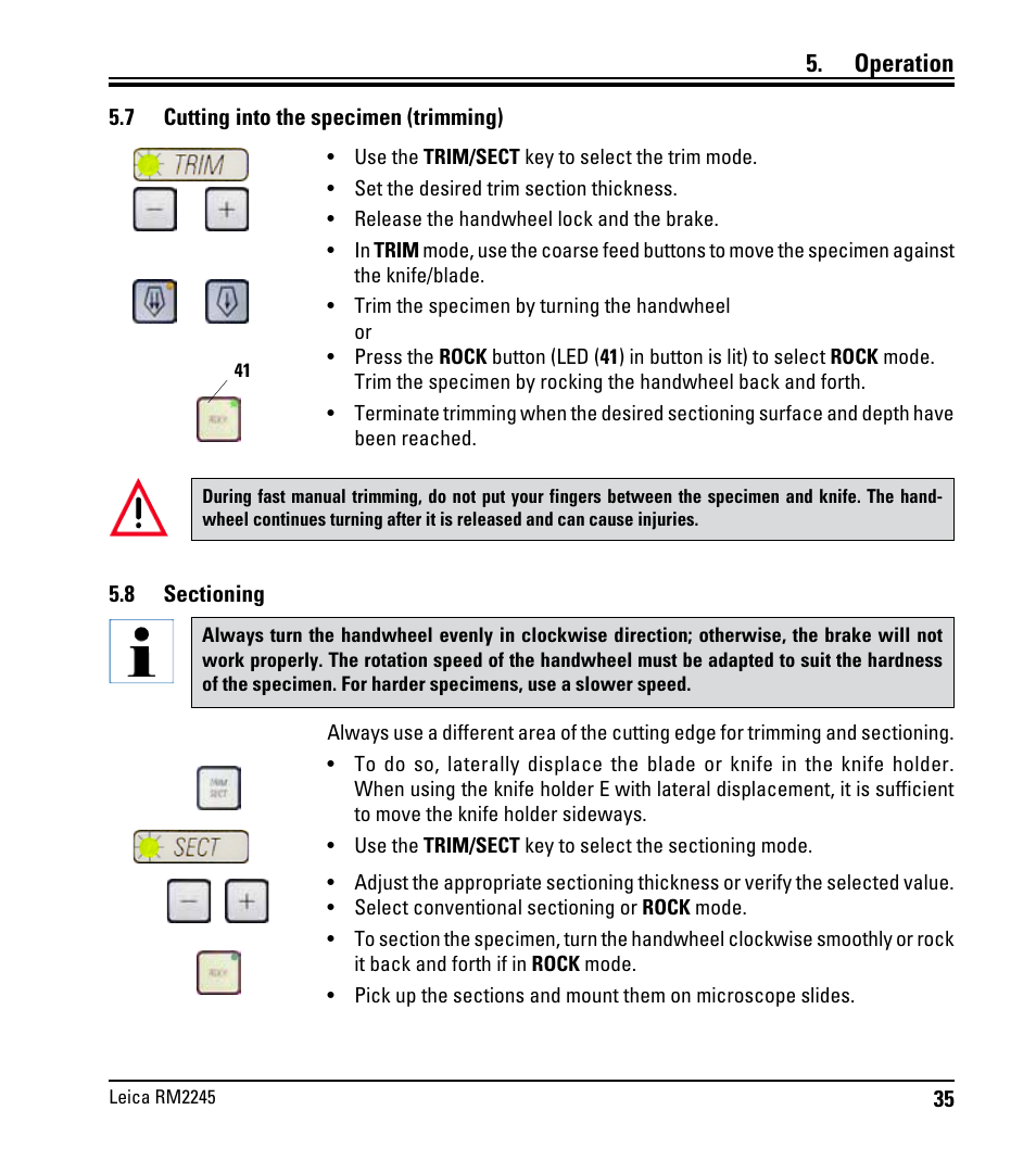 7 cutting into the specimen (trimming), 8 sectioning, Cutting into the specimen (trimming) | Operation | Leica Biosystems RM2245 User Manual | Page 37 / 78