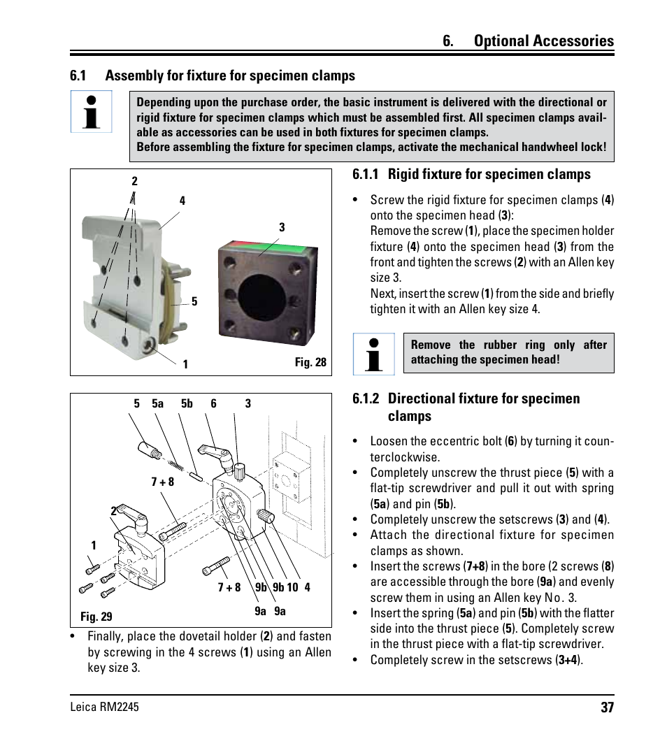 Optional accessories, 1 assembly for fixture for specimen clamps, 1 rigid fixture for specimen clamps | 2 directional fixture for specimen clamps, Assembly for fixture for specimen clamps, 2 directional fixture for specimen clamps | Leica Biosystems RM2245 User Manual | Page 39 / 78