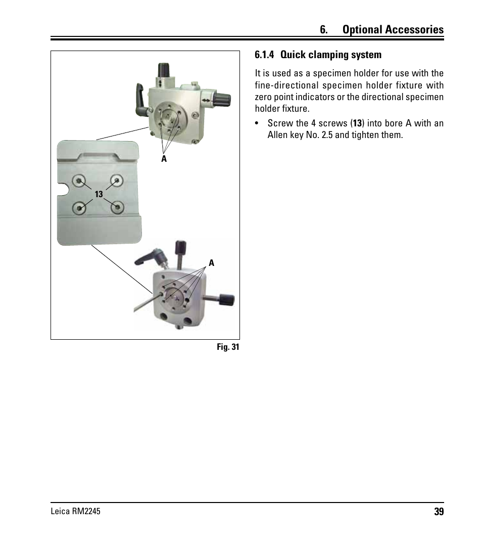 4 quick clamping system, Optional accessories | Leica Biosystems RM2245 User Manual | Page 41 / 78