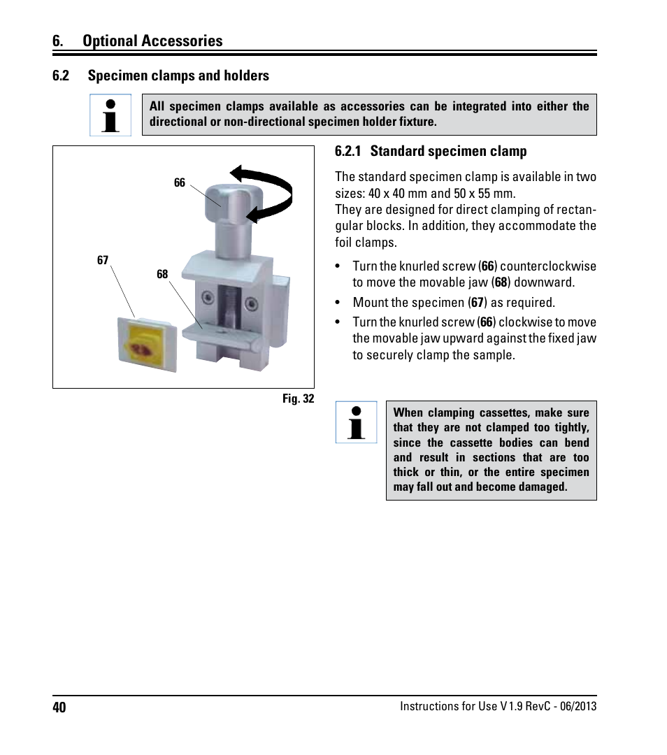 2 specimen clamps and holders, 1 standard specimen clamp, Specimen clamps and holders | Optional accessories | Leica Biosystems RM2245 User Manual | Page 42 / 78