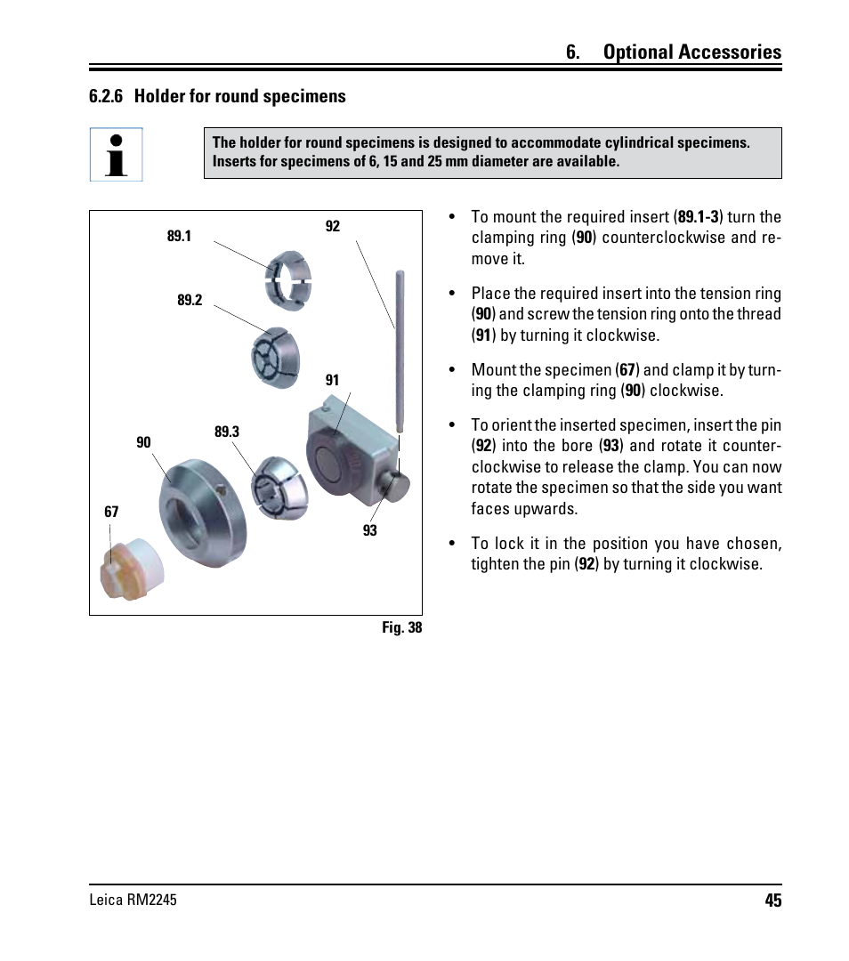 6 holder for round specimens, Optional accessories | Leica Biosystems RM2245 User Manual | Page 47 / 78