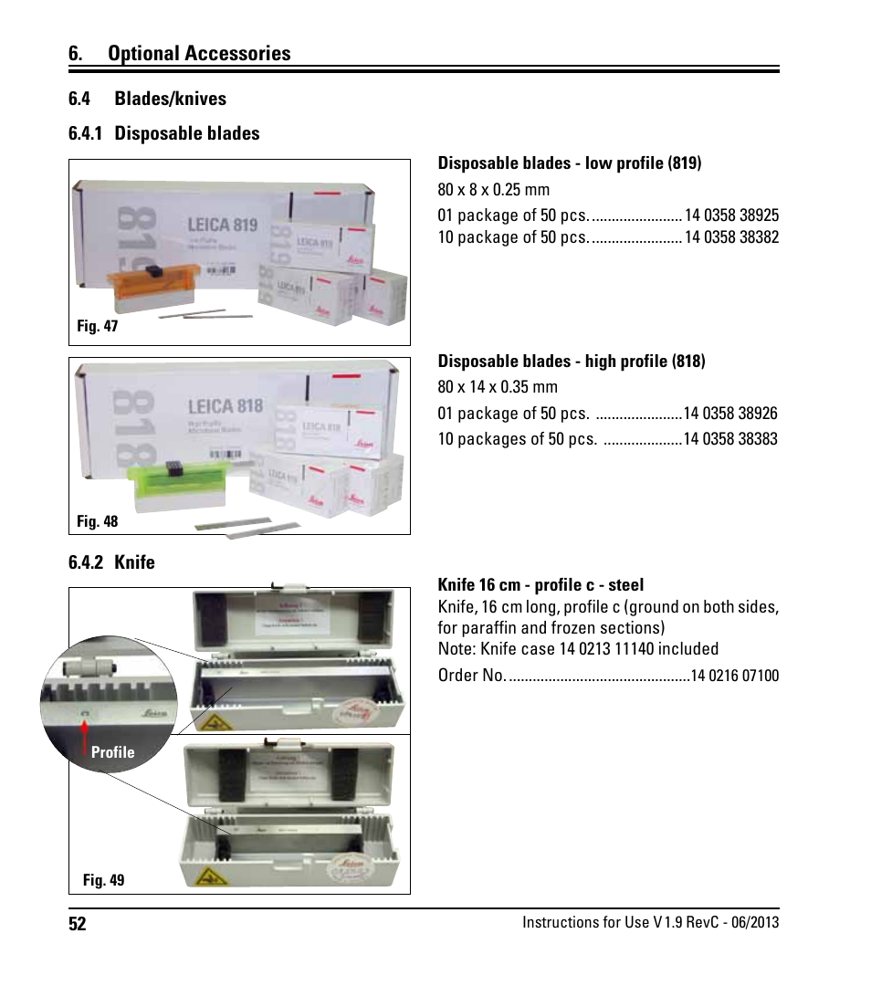 4 blades/knives, 1 disposable blades, 2 knife | Optional accessories | Leica Biosystems RM2245 User Manual | Page 54 / 78