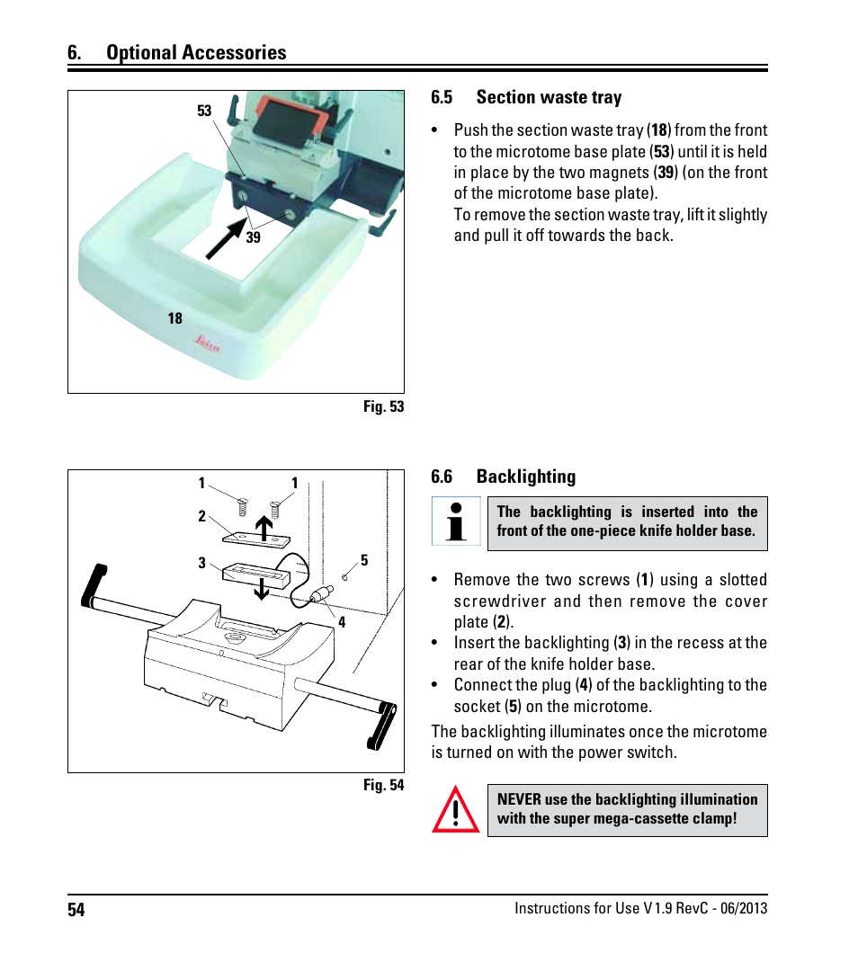 5 section waste tray, 6 backlighting, Section waste tray | Optional accessories | Leica Biosystems RM2245 User Manual | Page 56 / 78