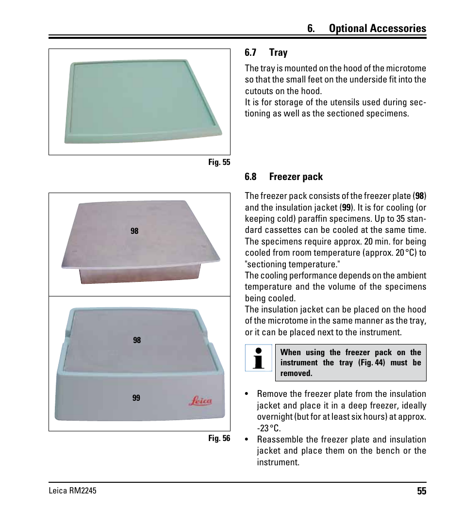 7 tray, 8 freezer pack, Freezer pack | Optional accessories | Leica Biosystems RM2245 User Manual | Page 57 / 78