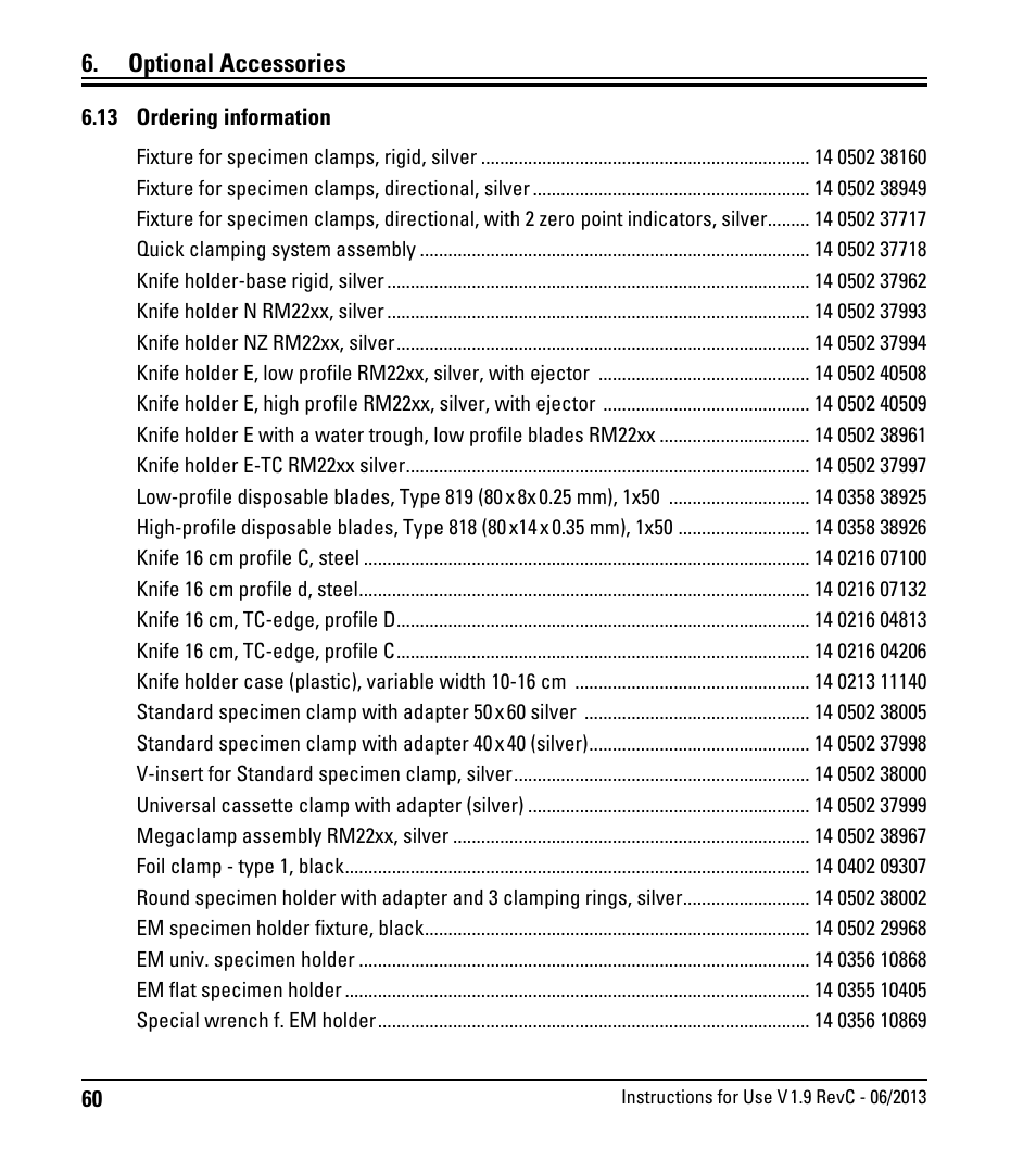 13 ordering information, Optional accessories | Leica Biosystems RM2245 User Manual | Page 62 / 78