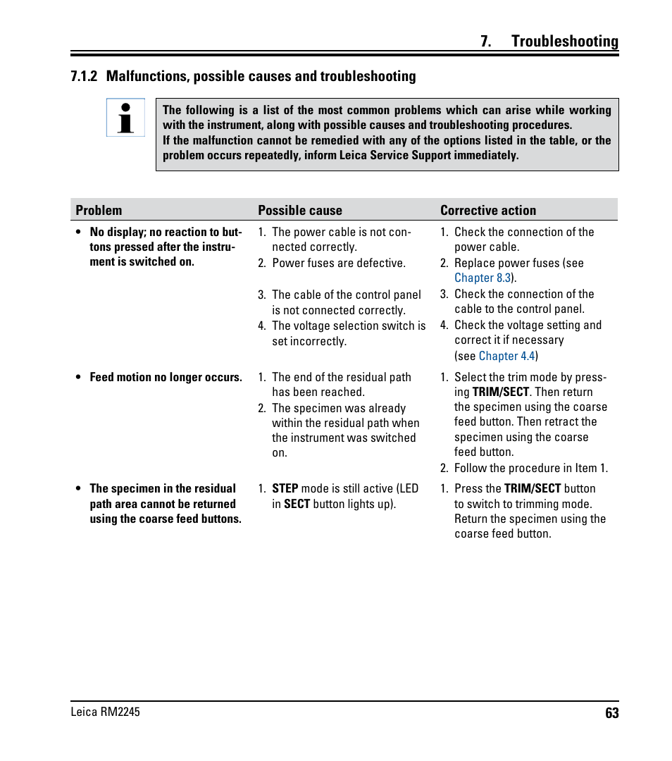 Troubleshooting | Leica Biosystems RM2245 User Manual | Page 65 / 78