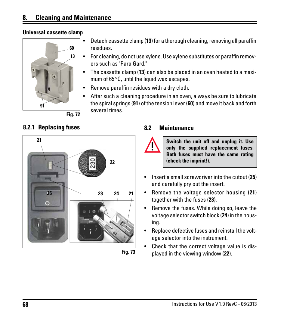 1 replacing fuses, 2 maintenance, Cleaning and maintenance | Leica Biosystems RM2245 User Manual | Page 70 / 78