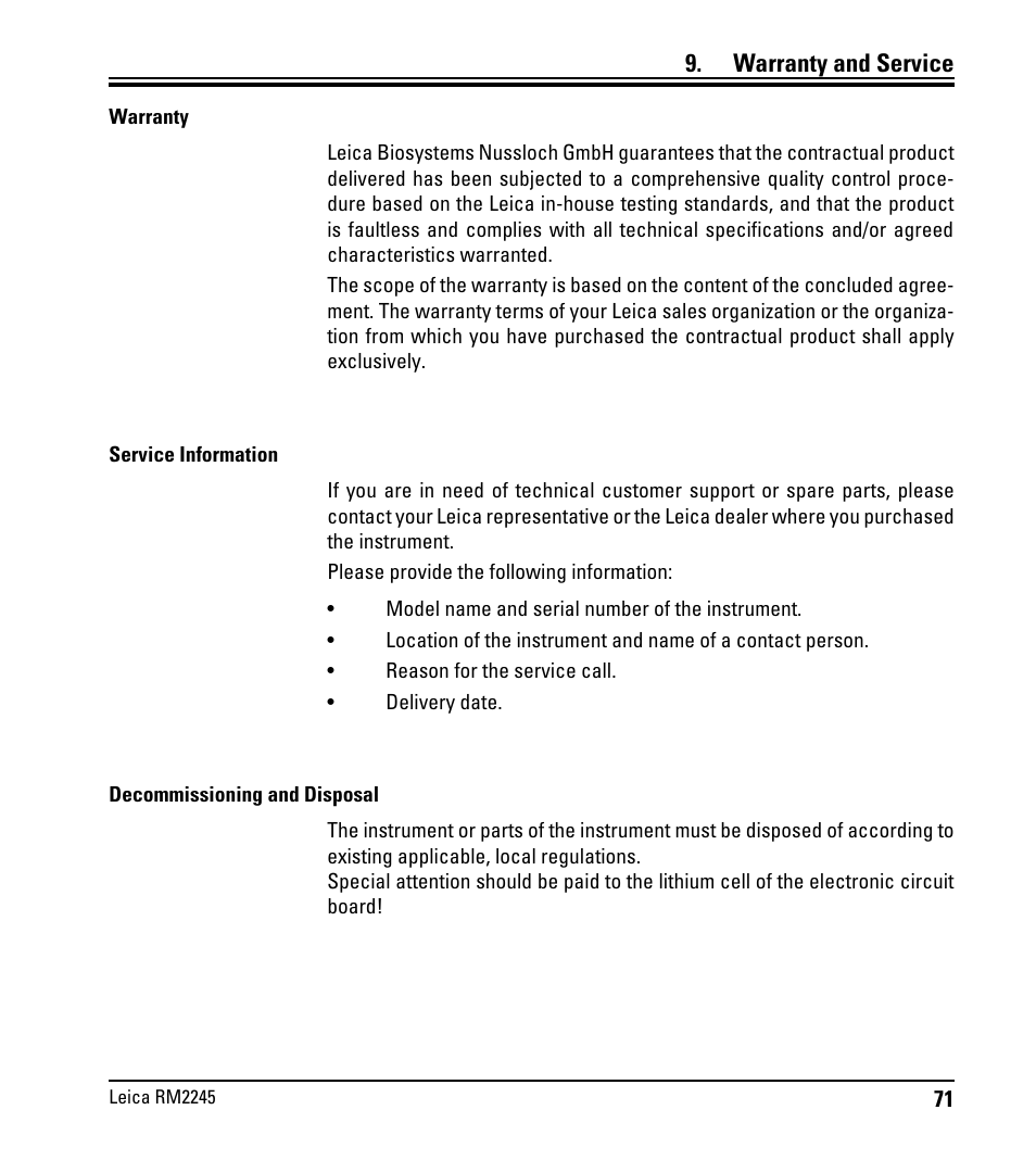 Warranty and service | Leica Biosystems RM2245 User Manual | Page 73 / 78