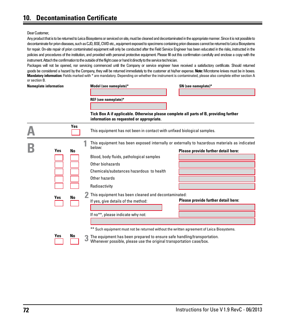 Decontamination certificate | Leica Biosystems RM2245 User Manual | Page 74 / 78