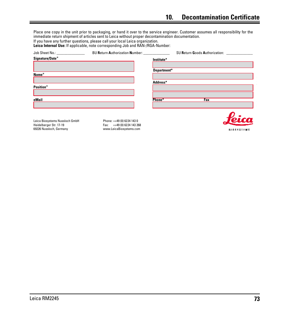 Decontamination certificate | Leica Biosystems RM2245 User Manual | Page 75 / 78