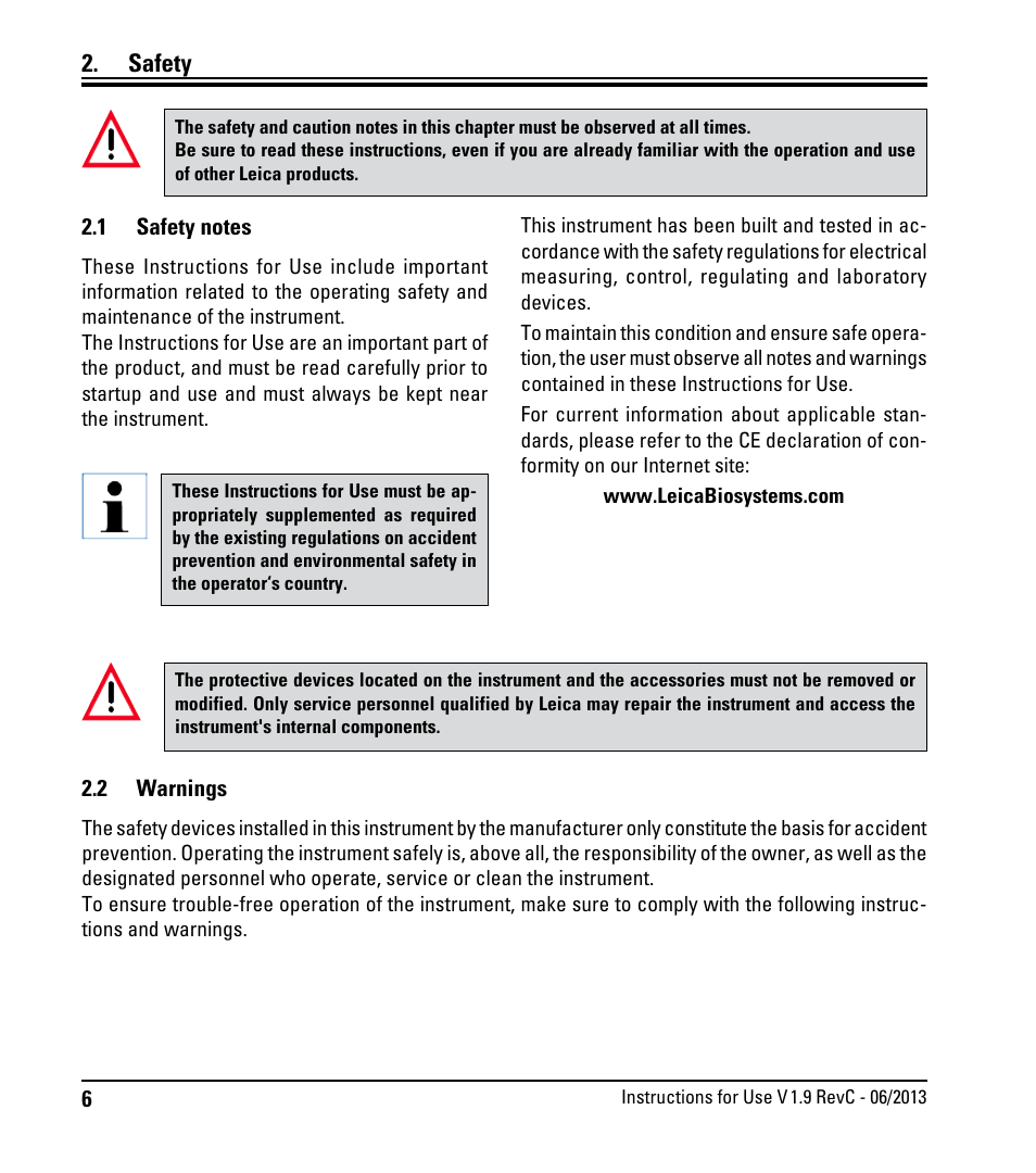 Safety, 1 safety notes, 2 warnings | Safety notes | Leica Biosystems RM2245 User Manual | Page 8 / 78