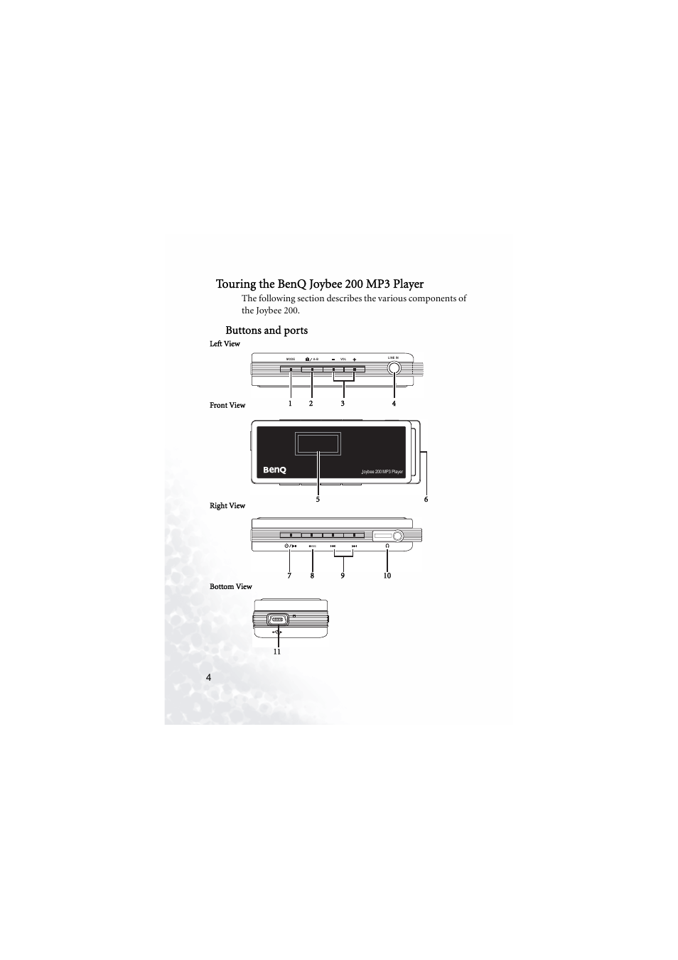 Touring the benq joybee200 mp3 player, Buttons and ports, Touring the benq joybee 200 mp3 player | BenQ Joybee 200 User Manual | Page 10 / 69