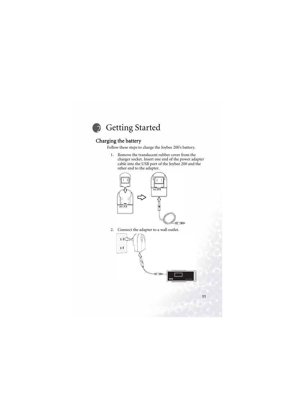 Getting started, Charging the battery | BenQ Joybee 200 User Manual | Page 17 / 69
