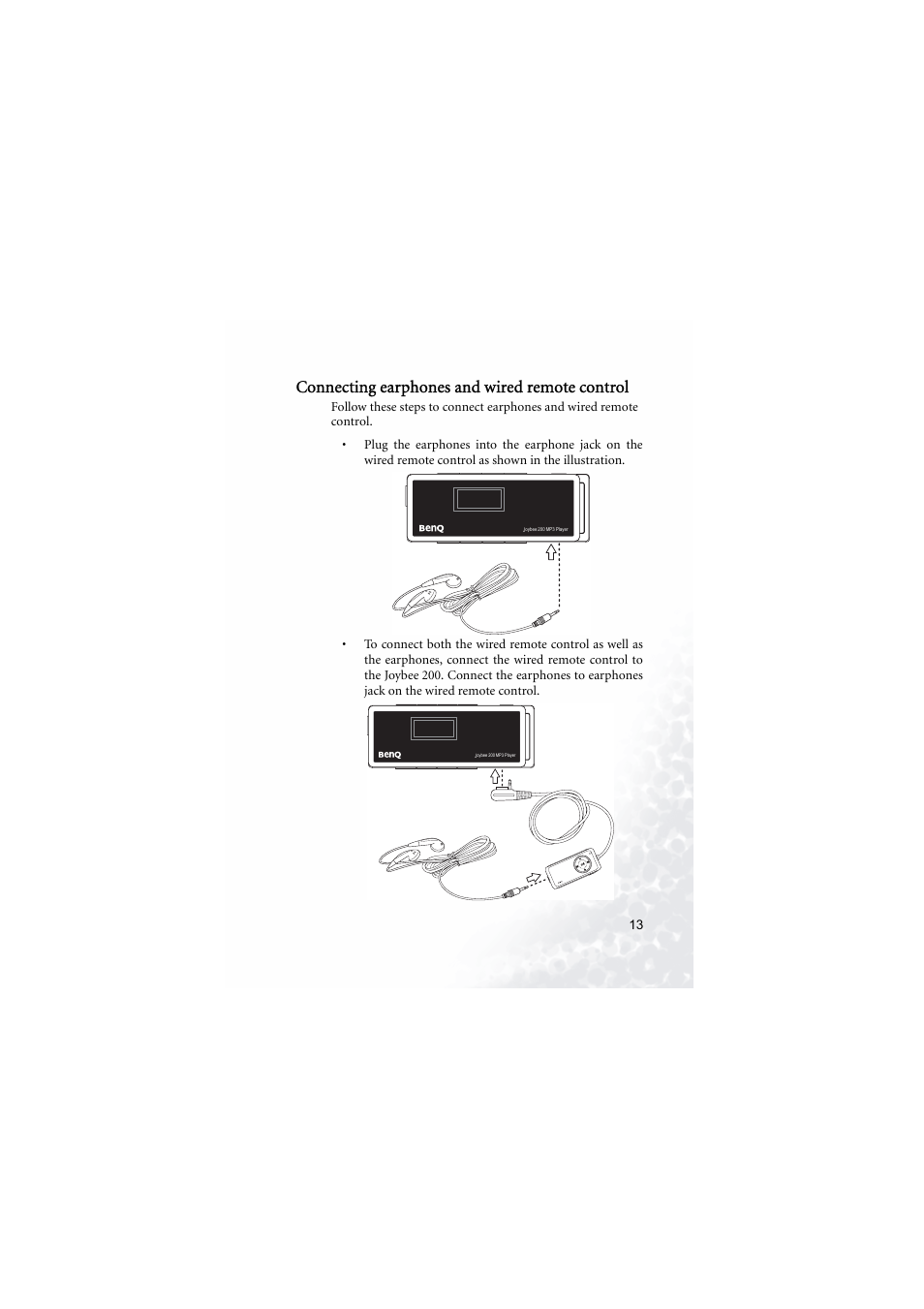 Connecting earphones and wired remote control | BenQ Joybee 200 User Manual | Page 19 / 69