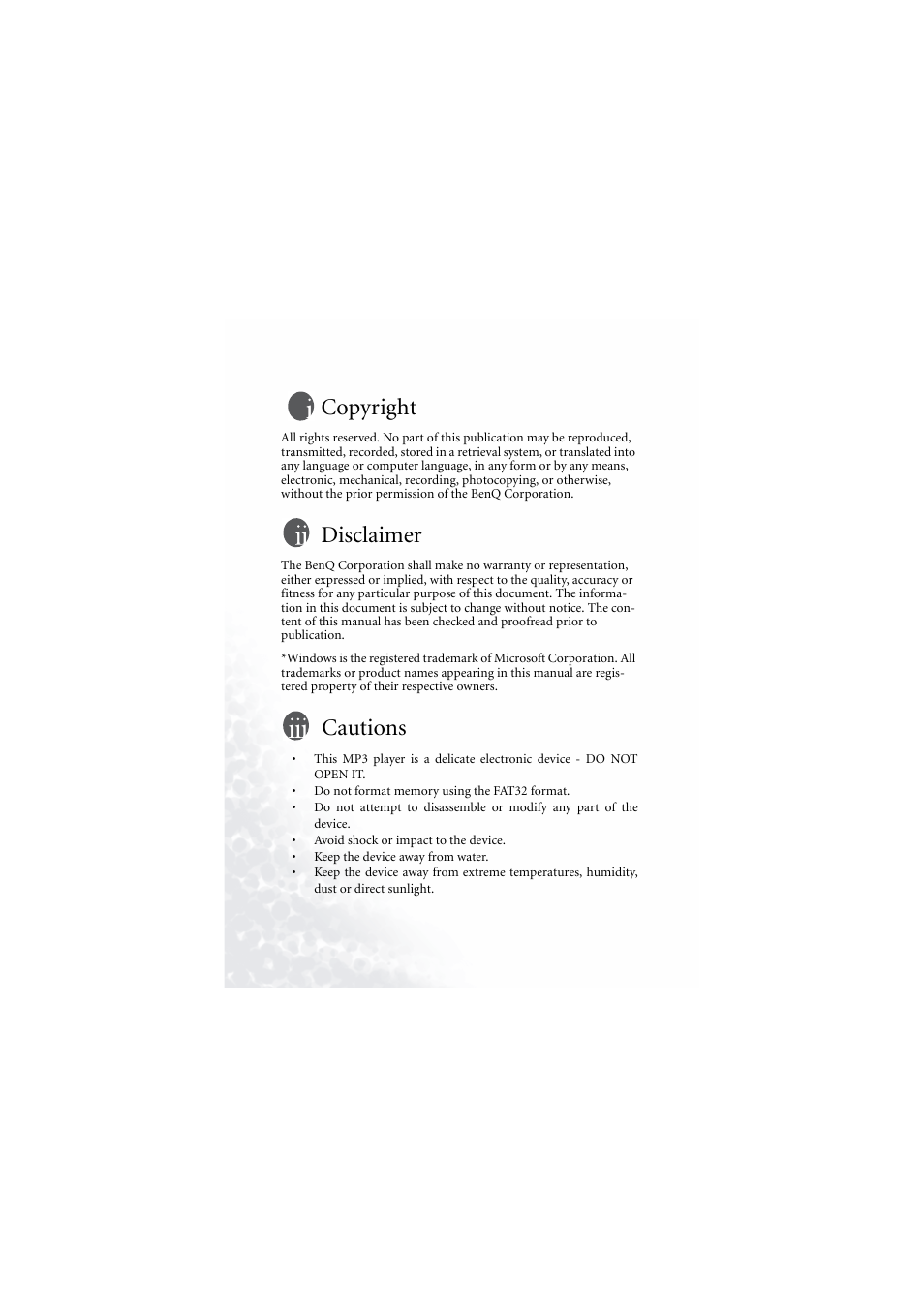 Copyright, Disclaimer, Cautions | BenQ Joybee 200 User Manual | Page 2 / 69