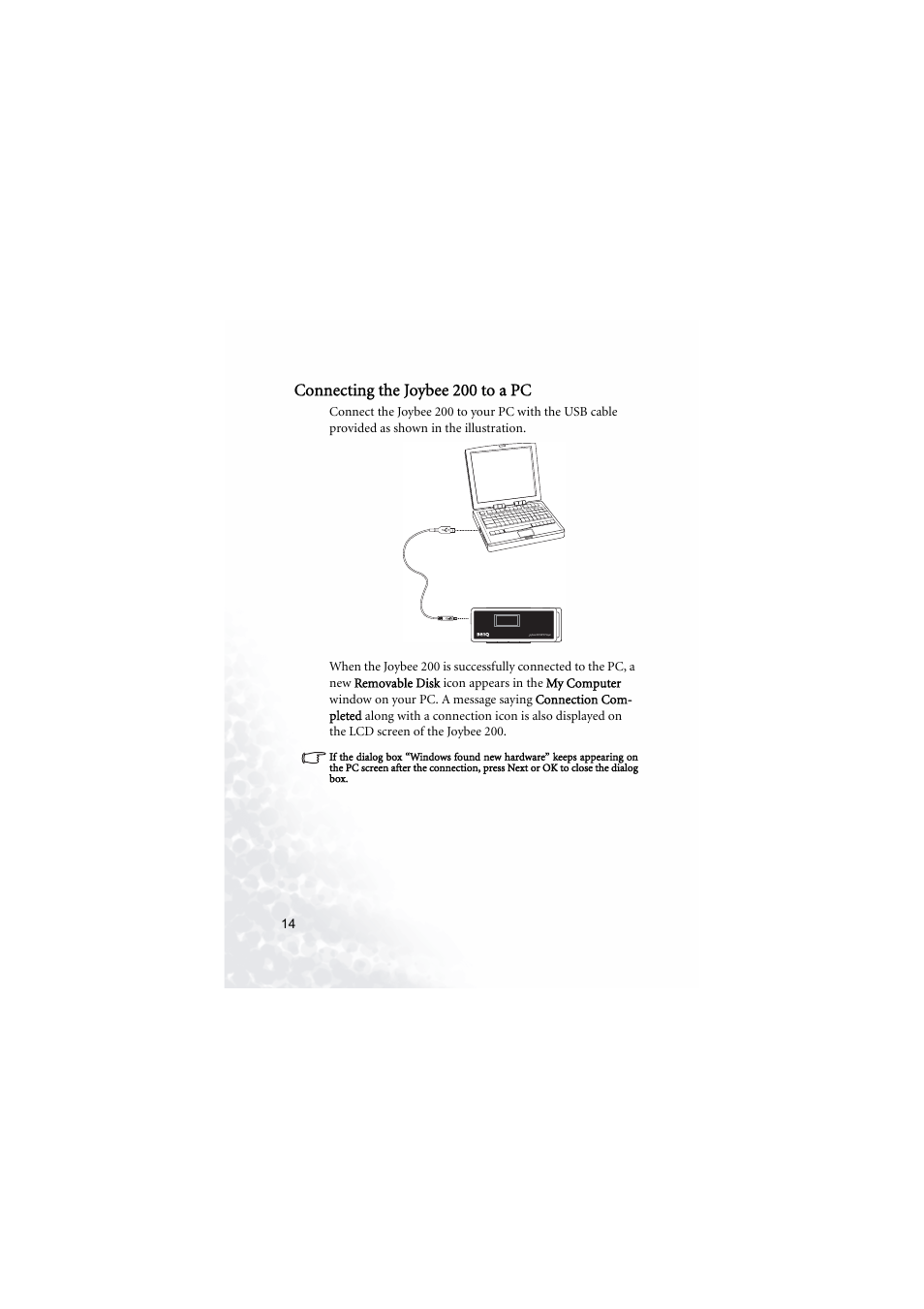 Connecting the joybee200 to a pc, Connecting the joybee 200 to a pc | BenQ Joybee 200 User Manual | Page 20 / 69