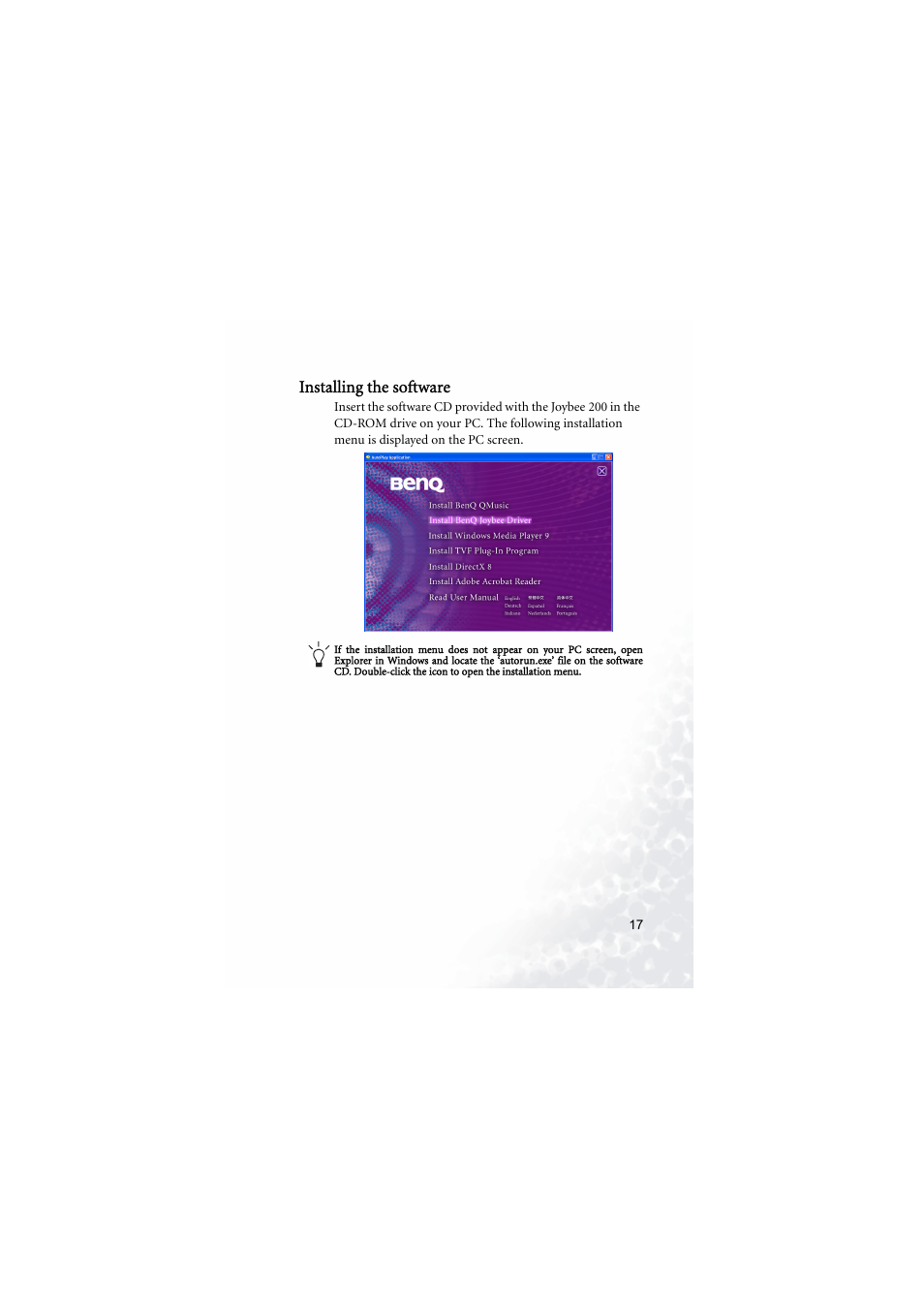 Installing the software | BenQ Joybee 200 User Manual | Page 23 / 69