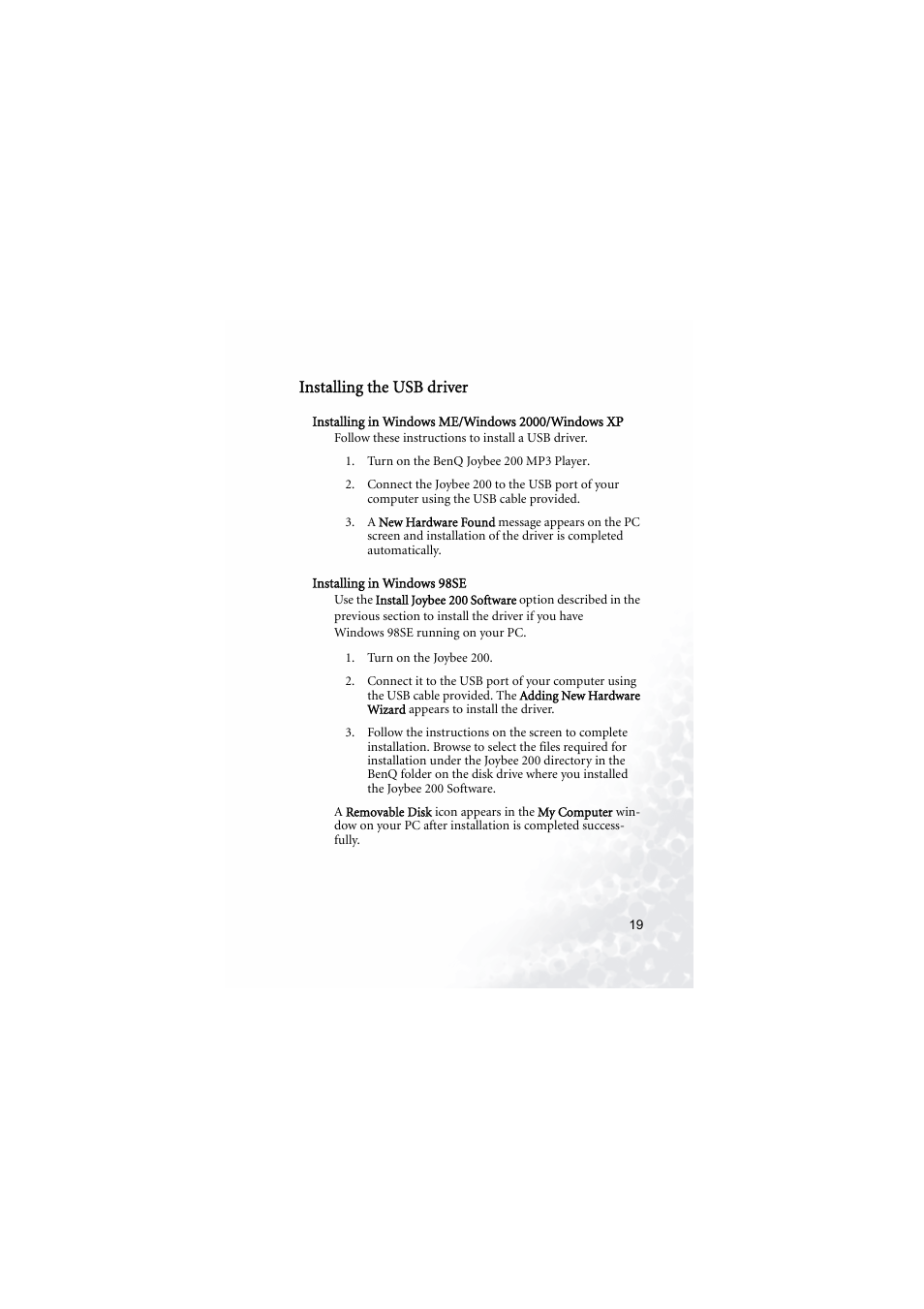 Installing the usb driver, Installing in windows me/windows 2000/windows xp, Installing in windows 98se | BenQ Joybee 200 User Manual | Page 25 / 69