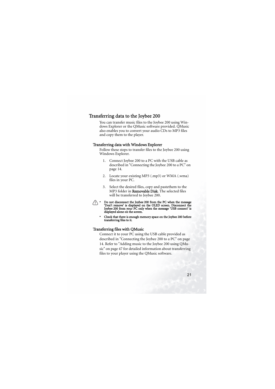 Transferring data to the joybee200, Transferring data with windows explorer, Transferring files with qmusic | Transferring data to the joybee 200 | BenQ Joybee 200 User Manual | Page 27 / 69