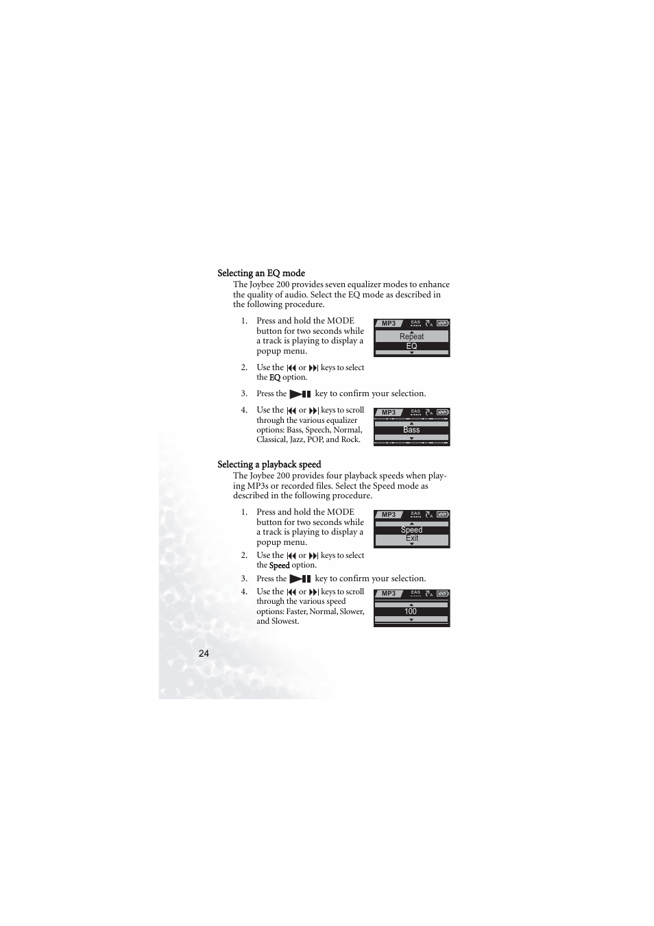 Selecting an eq mode, Selecting a playback speed, Selecting an eq mode selecting a playback speed | BenQ Joybee 200 User Manual | Page 30 / 69