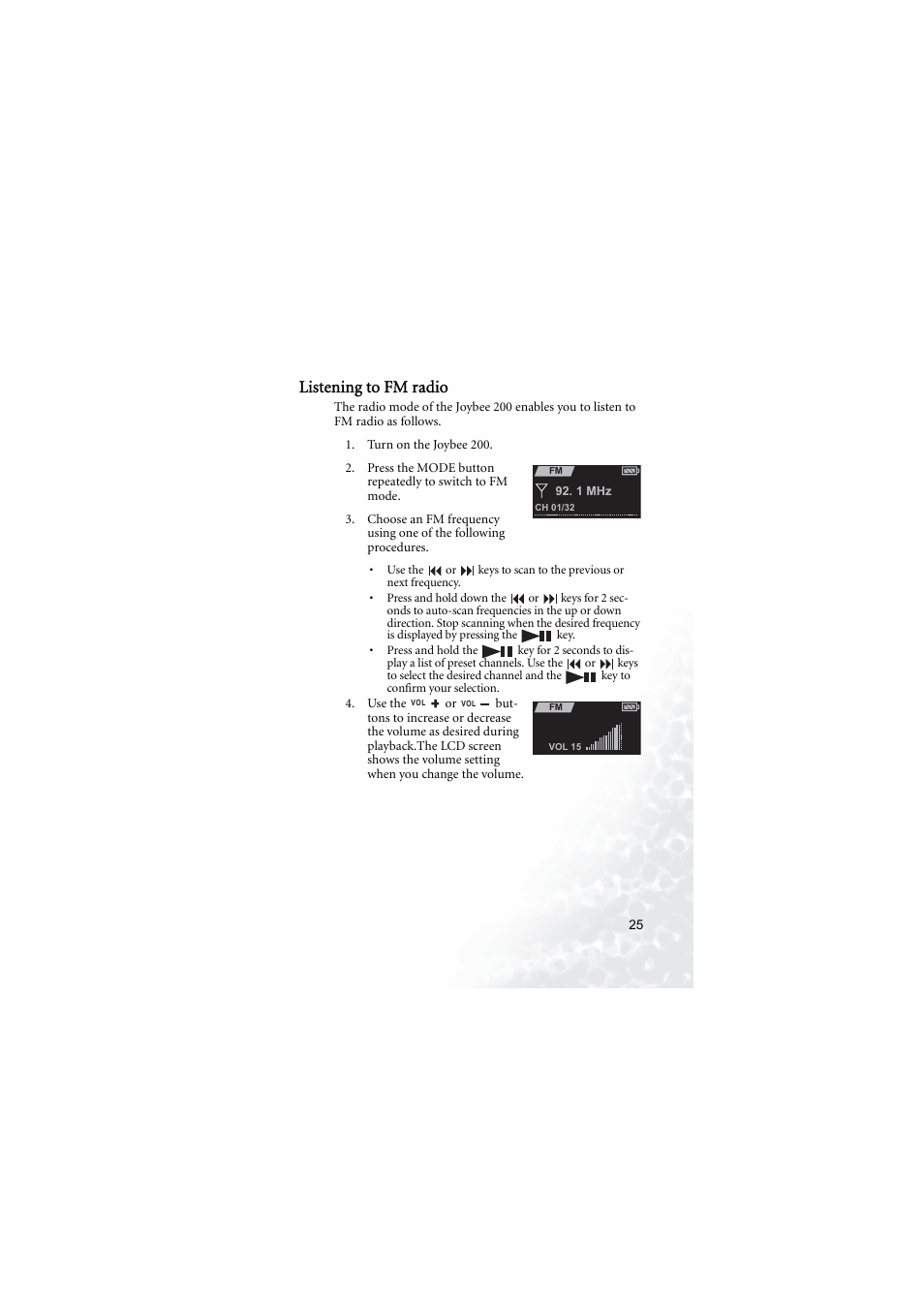 Listening to fm radio | BenQ Joybee 200 User Manual | Page 31 / 69