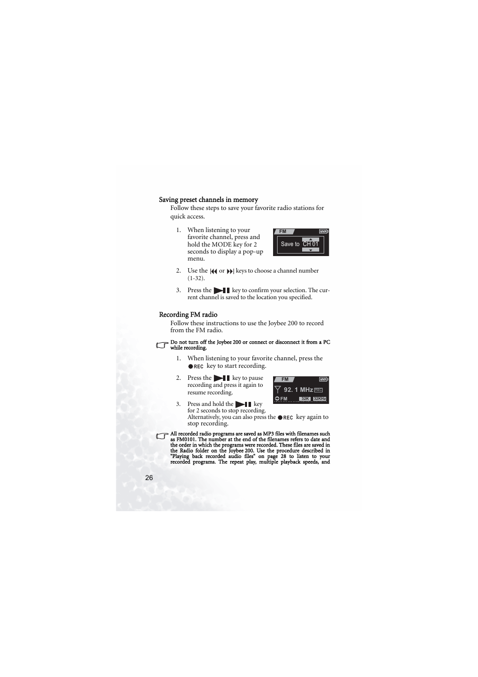 Saving preset channels in memory, Recording fm radio | BenQ Joybee 200 User Manual | Page 32 / 69