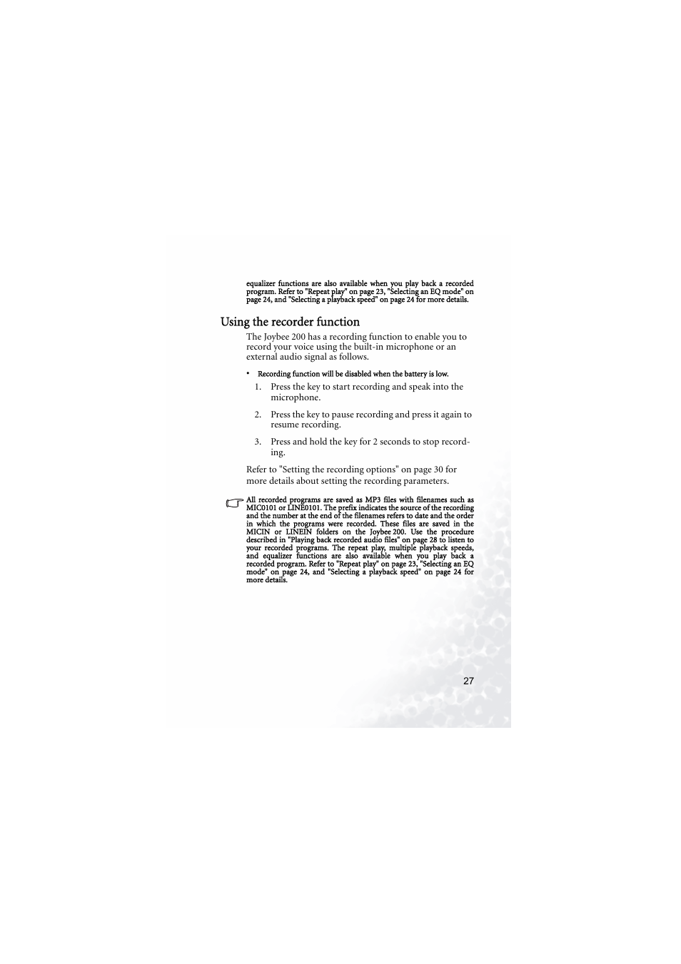 Using the recorder function | BenQ Joybee 200 User Manual | Page 33 / 69